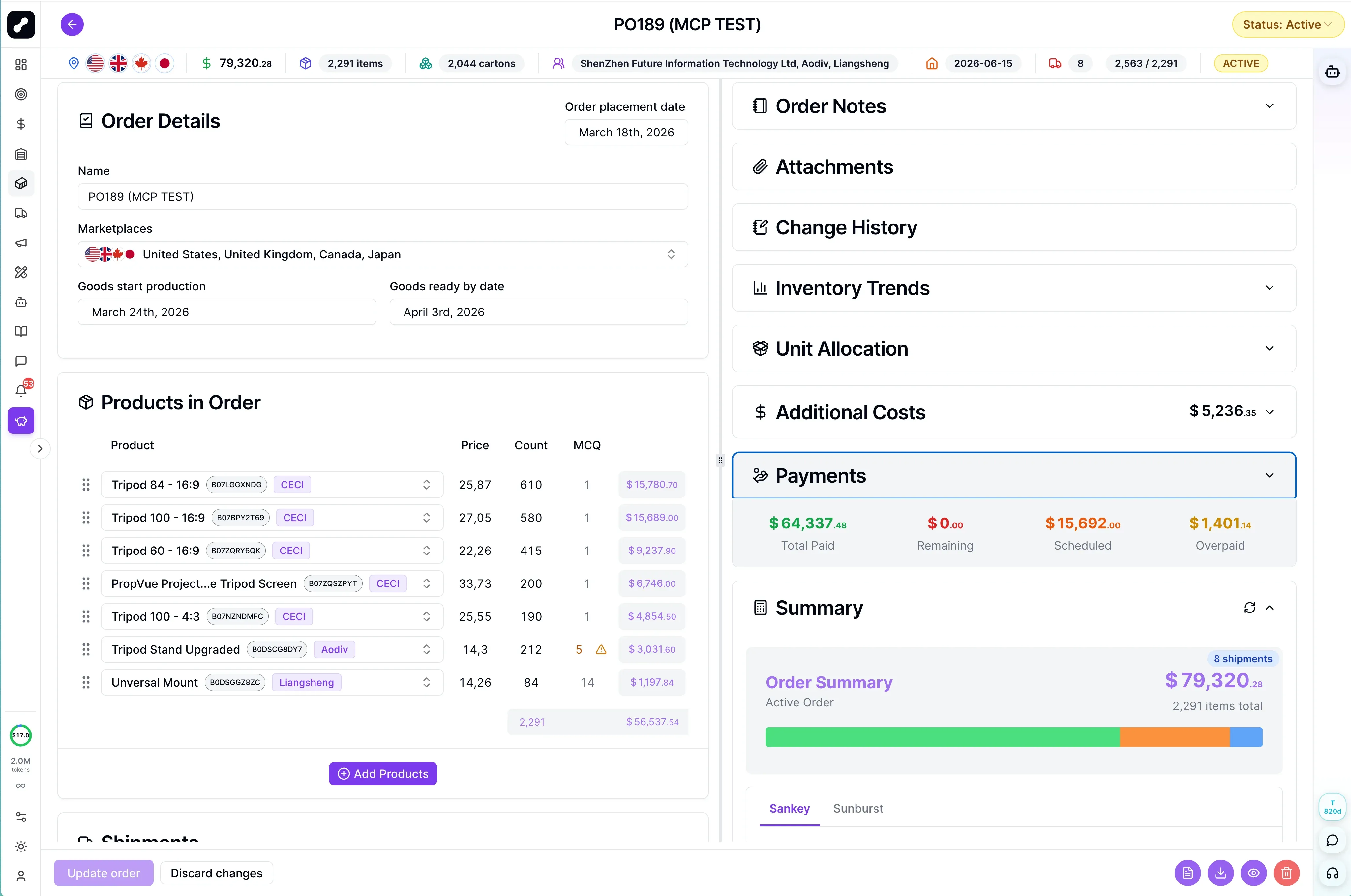 Supply planning purchase order dashboard showing multi-marketplace Prime Day restock plan, payments, and shipment readiness