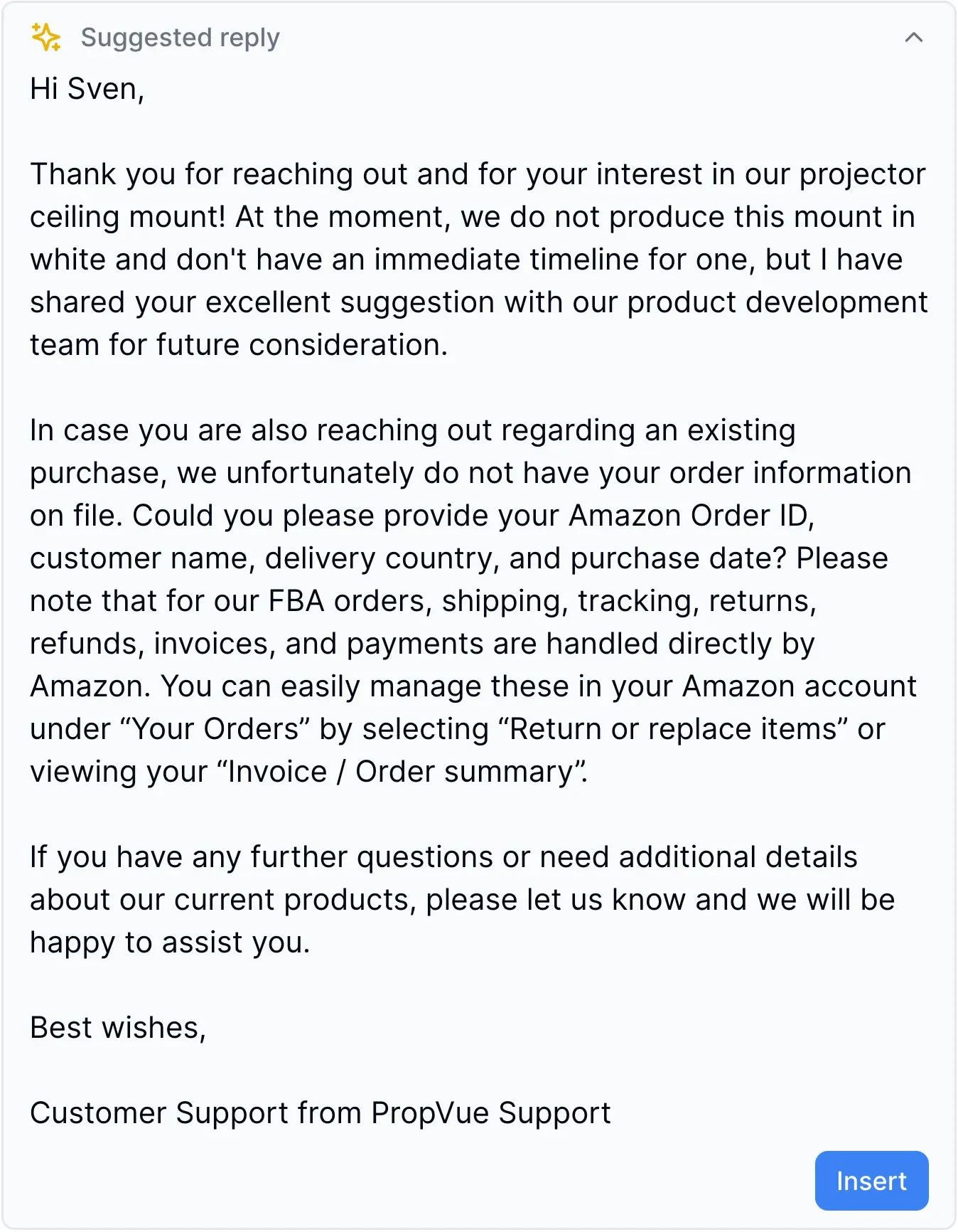 AI suggested reply inserted into buyer message thread