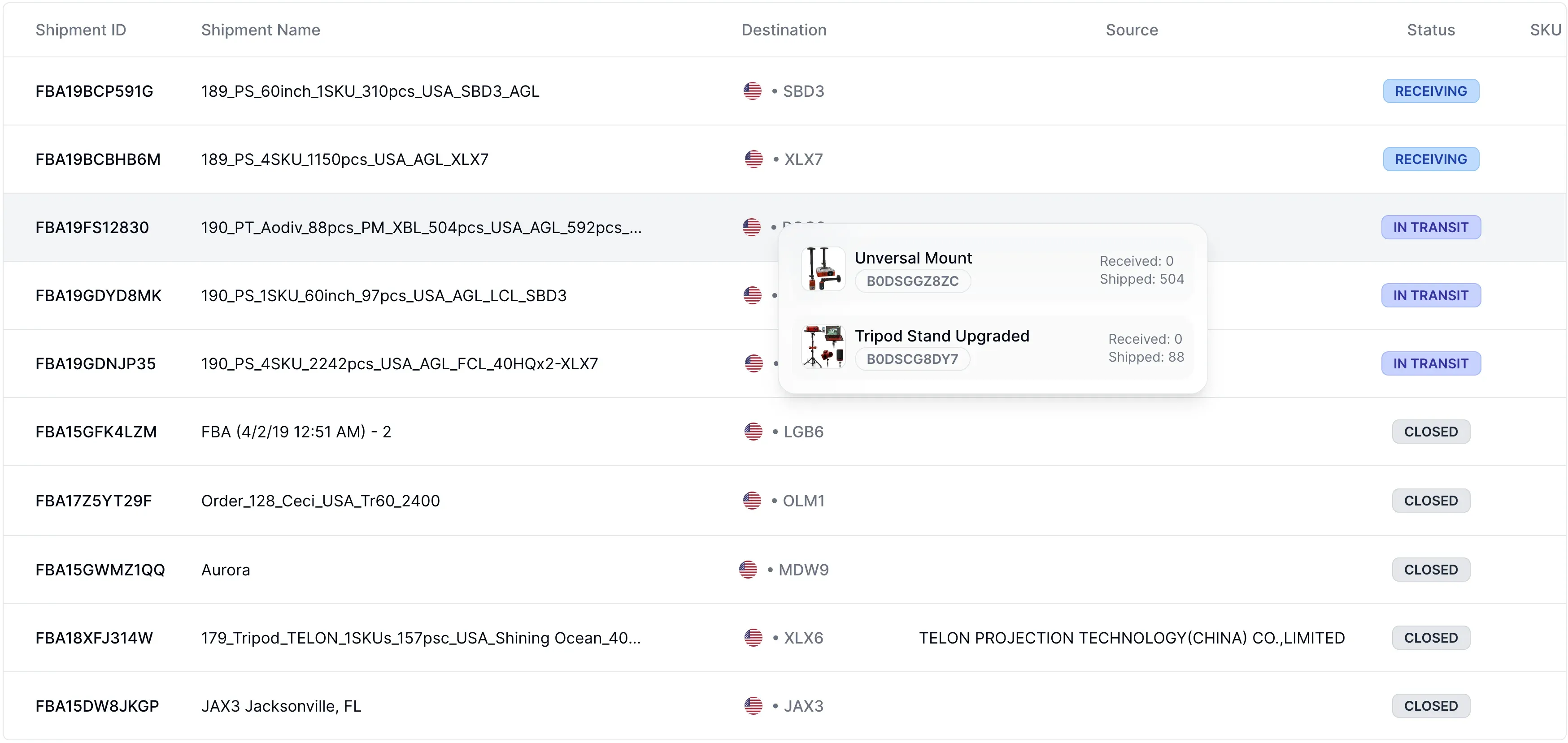 FBA in-transit inbound shipment status